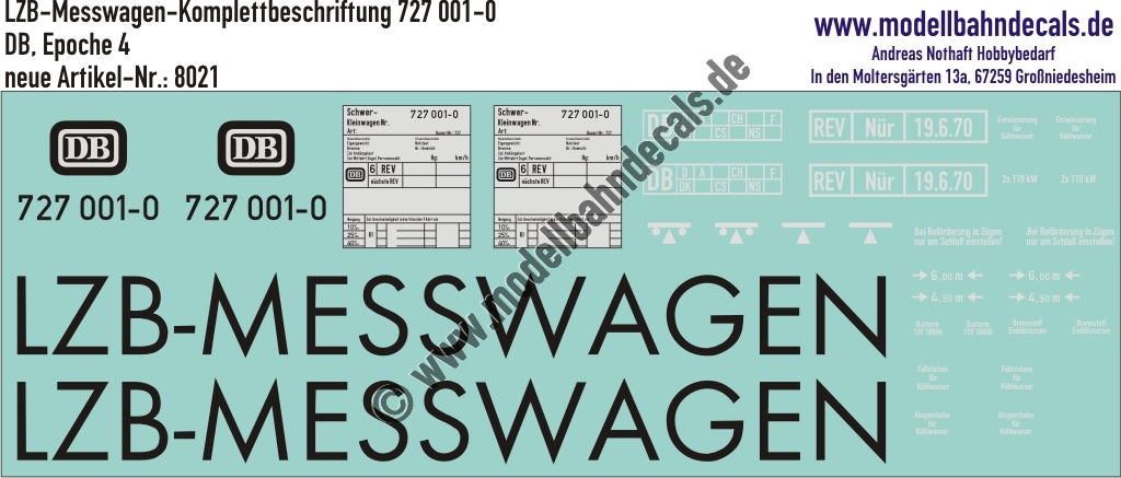 Nass-Schiebebilder: LZB Messwagen Komplettbeschriftung 727 001-0, DB, Epoche 4. Artikel-Nummer: 8021