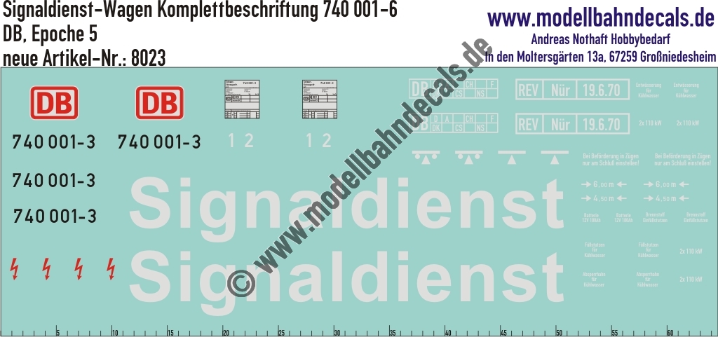 "Nass-Schiebebilder: Signaldienst Komplettbeschriftung 740 001-3, DB-AG, Epoche 5. Artikel-Nummer: 8023"