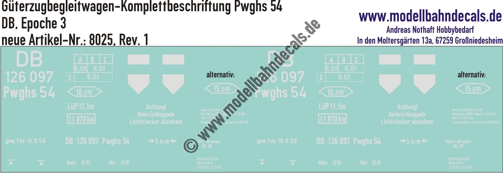"Nass-Schiebebilder: Güterzugbegleitwagen Komplettbeschriftung Pwghs 54, DB, Epoche 3. Artikel-Nummer: 8025"