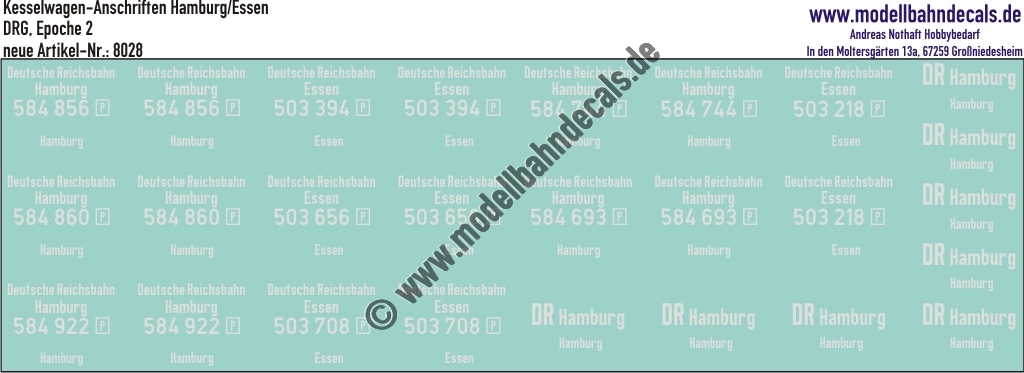 "Nass-Schiebebilder: Kesselwagen-Anschriftentafeln Hamburg/Essen, DRG, Epoche 2. Artikel-Nummer: 8028"