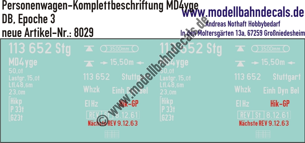 "Nass-Schiebebilder: Personenwagen-Komplettbeschriftung MD4yge, DB, Epoche 3. Artikel-Nummer: 8029"