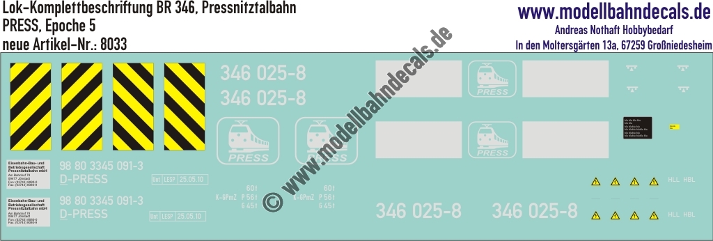 "Nass-Schiebebilder: Lok Komplettbeschriftung BR 346, Pressnitztalbahn, Epoche 5. Artikel-Nummer: 8033"