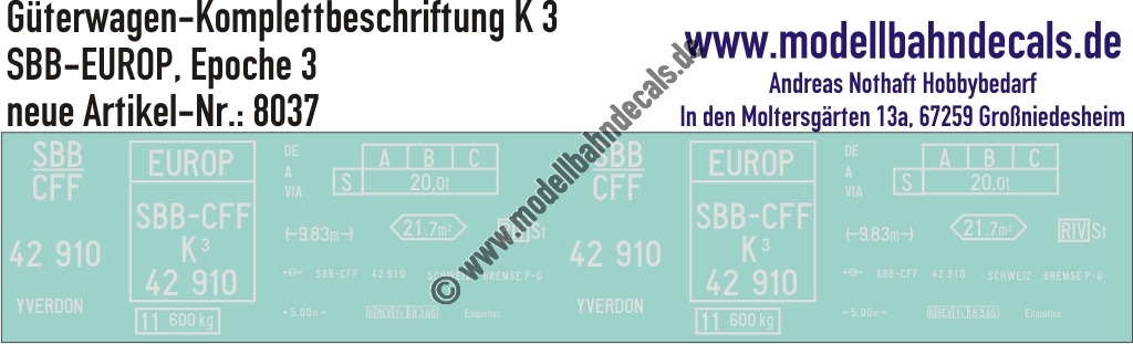 "Nass-Schiebebilder: Güterwagen-Komplettbeschriftung K 3, SBB-EUROP, Epoche 3. Artikel-Nummer: 8037"