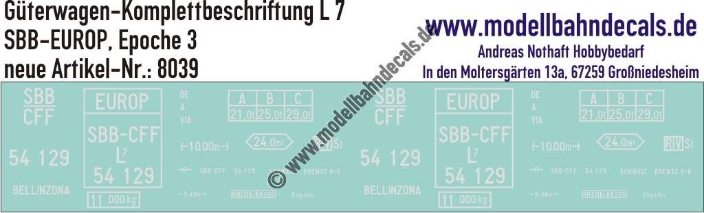 "Nass-Schiebebilder: Güterwagen-Komplettbeschriftung L 7, SBB-EUROP, Epoche 3. Artikel-Nummer: 8039"