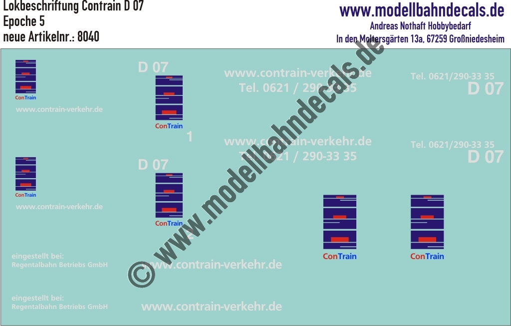 Nass-Schiebebilder: Lokbeschriftung Contrain Lok D 07. Artikel-Nummer: 8040