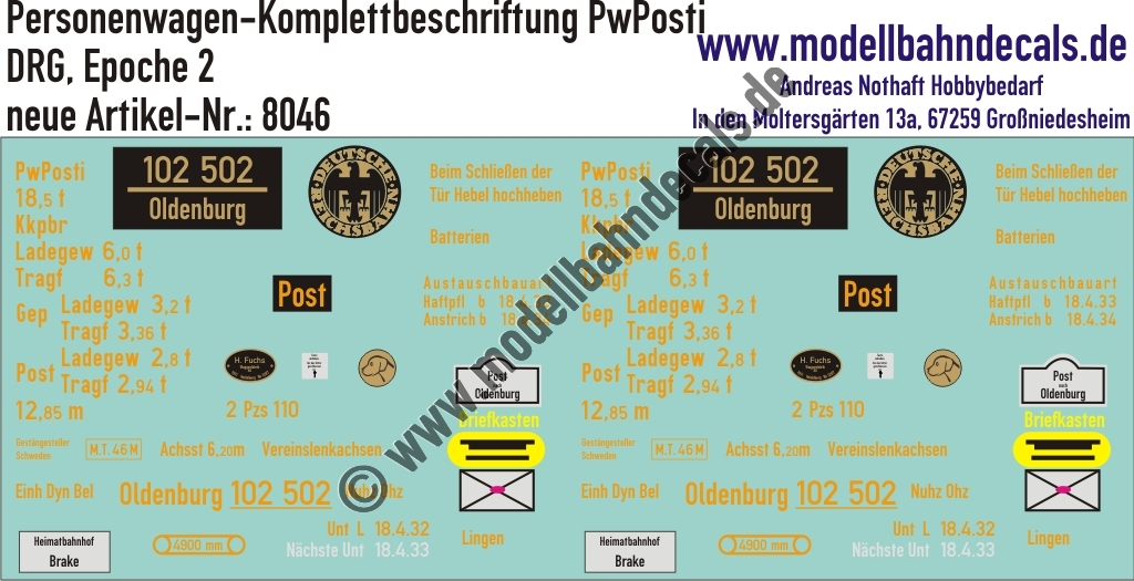 "Nass-Schiebebilder: Personenwagen Komplettbeschriftung PwPosti (Donnerbüchse), DRG, Epoche 2. Artikel-Nummer: 8046"