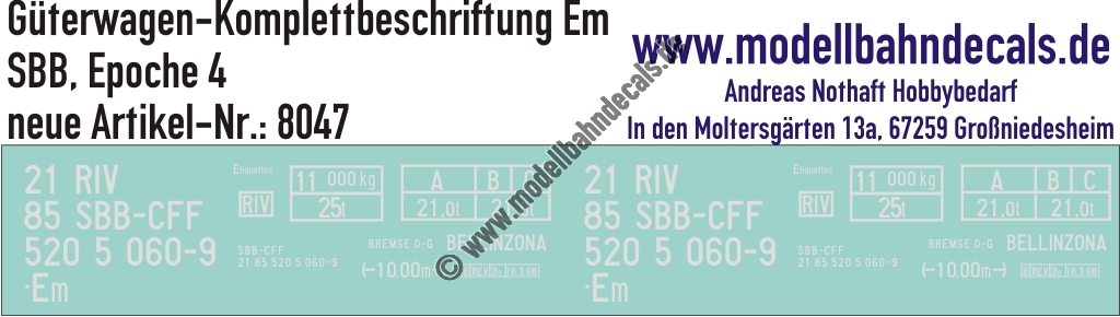 "Nass-Schiebebilder: Güterwagen-Komplettbeschriftung Em, SBB, Epoche 4. Artikel-Nummer: 8047"