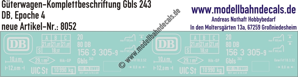 "Nass-Schiebebilder: Güterwagen Komplettbeschriftung Gbls 243, DB, Epoche 4. Artikel-Nummer: 8052"