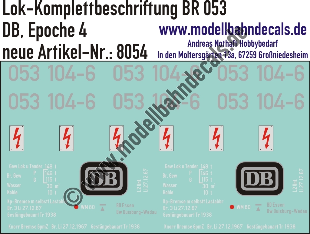 "Nass-Schiebebilder: Lok Komplettbeschriftung BR 053, DB, Epoche 4. Artikel-Nummer: 8054"