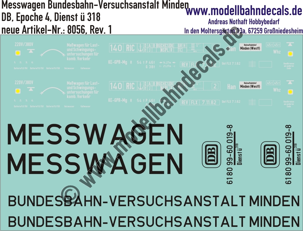 "Nass-Schiebebilder: Messwagen Bundesbahn-Versuchsanstalt Minden Komplettbeschriftung Dienst ü 318, DB, Epoche 4. Artikel-Nummer: 8056"