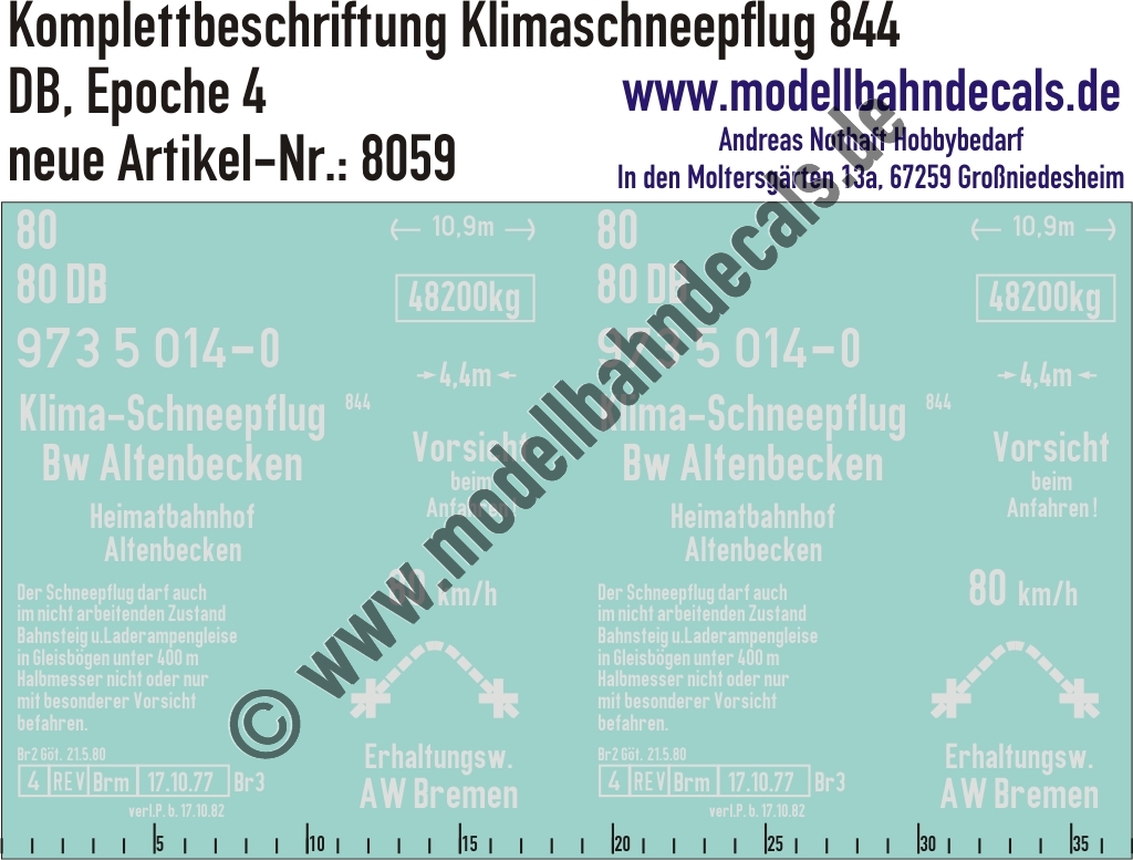"Nass-Schiebebilder: Komplettbeschriftung Klimaschneepflug 844 (Heimat-Bw Altenbeken), DB, Epoche 4. Artikel-Nummer: 8059"