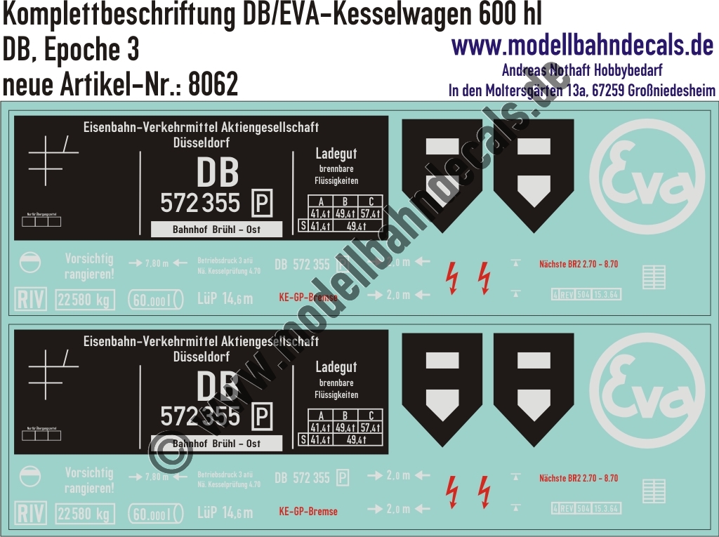 "Nass-Schiebebilder: Kesselwagen Komplettbeschriftungen DB/EVA 600 hl, DB, Epoche 3. Artikel-Nummer: 8062"