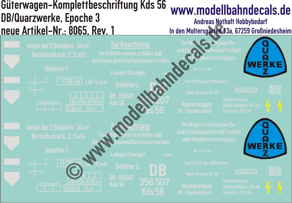 "Nass-Schiebebilder: Güterwagen-Komplettbeschriftung Kds 56, DB/Quarzwerke, Epoche 3. Artikel-Nummer: 8065"
