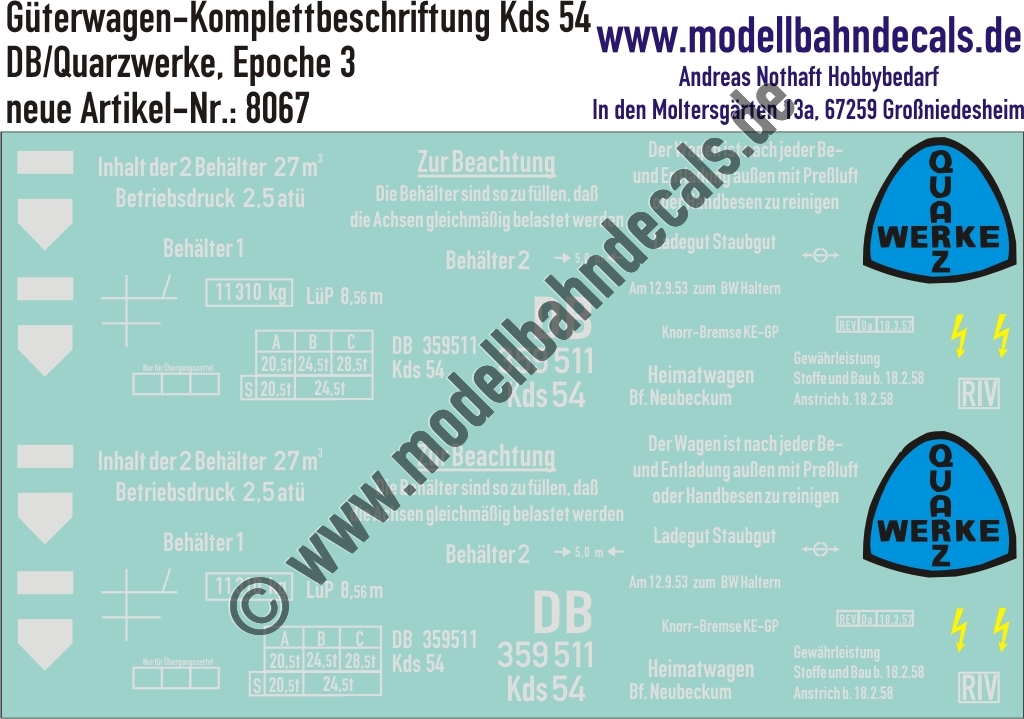 "Nass-Schiebebilder: Güterwagen-Komplettbeschriftung Kds 54, Quarzwerke, Epoche 3. Artikel-Nummer: 8067"