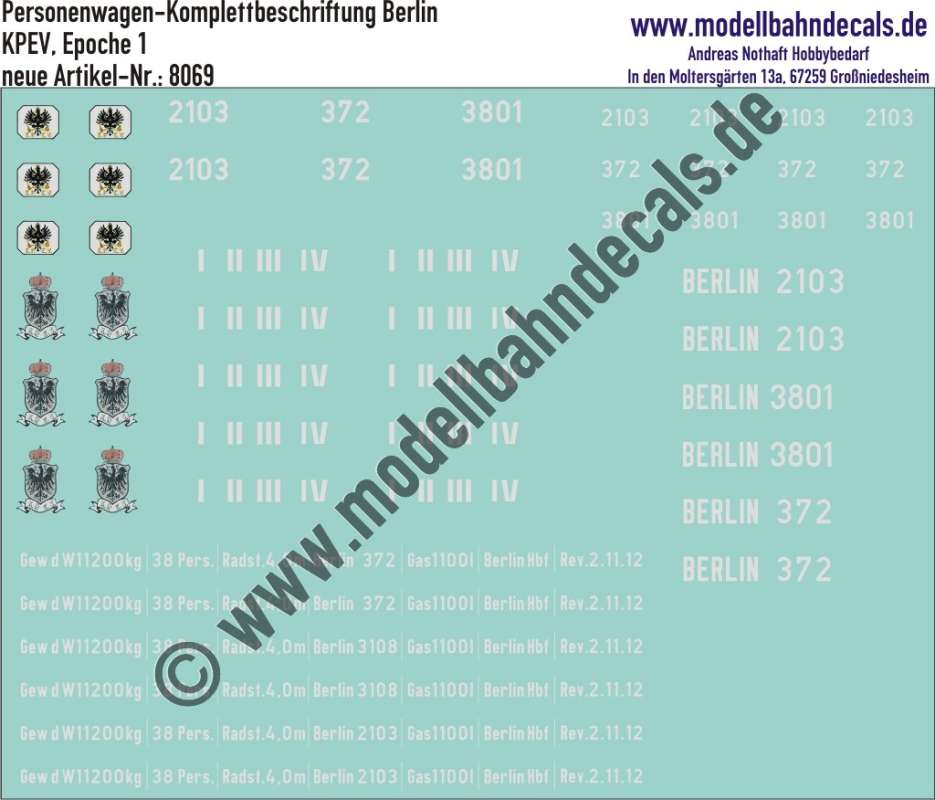 Nass-Schiebebilder: Personenwagen-Komplettbeschriftung Berlin (3 Wagen), KPEV, Epoche 1. Artikel-Nummer: 8069