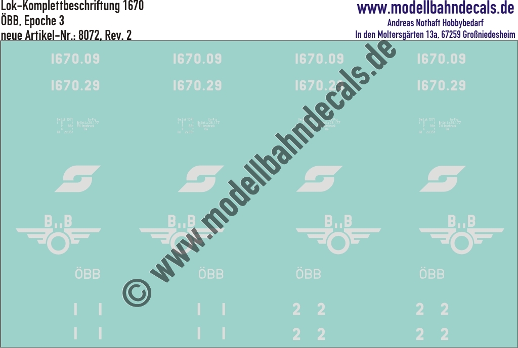 "Nass-Schiebebilder: Lok Komplettbeschriftung BR 1670, ÖBB, Epoche 3 mit 2 Logo-Varianten. Artikel-Nummer: 8072"