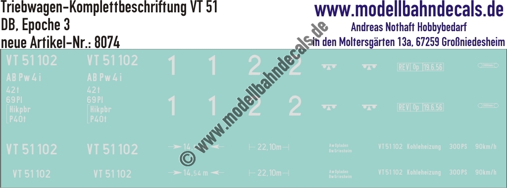 "Nass-Schiebebilder: Triebwagen Komplettbeschriftung VT 51, DB, Epoche 3. Artikel-Nummer: 8074"