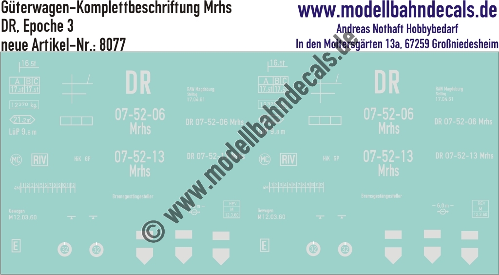 "Nass-Schiebebilder: Güterwagen Komplettbeschriftung für Mrhs, DR, Epoche 3. Artikel-Nummer: 8077"