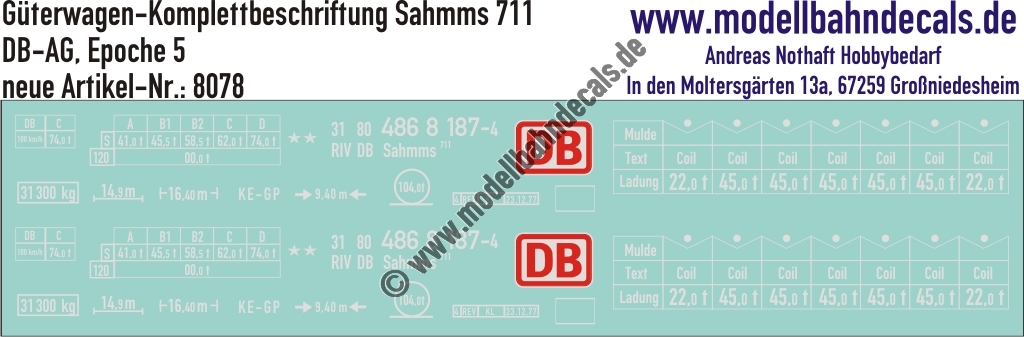 "Nass-Schiebebilder: Güterwagen-Komplettbeschriftung für Sahmms 711, DB-AG, Epoche 5. Artikel-Nummer: 8078"