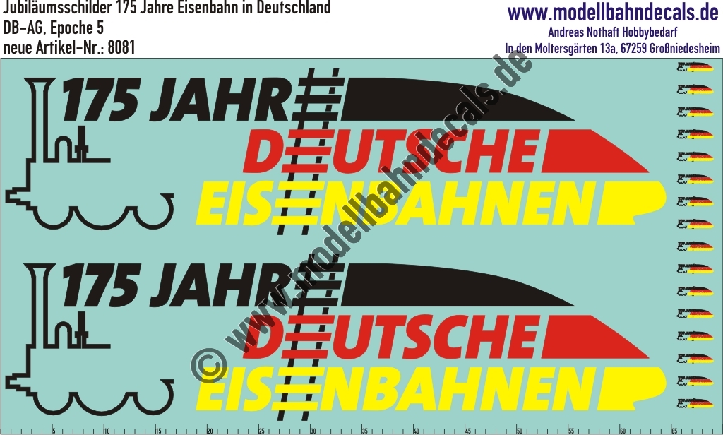 "Nass-Schiebebilder: Jubiläumsschilder 175 Jahre Eisenbahn in Deutschland, Schwarz, Rot, Gelb. Artikel-Nummer: 8081"