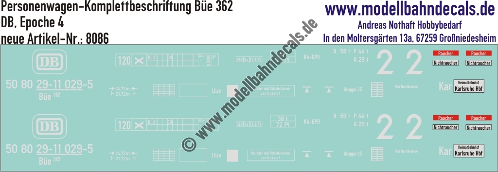 "Nass-Schiebebilder: Personenwagen Komplettbeschriftungen für Büe 362, DB, Epoche 4. Artikel-Nummer: 8086"