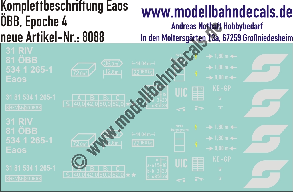 "Nass-Schiebebilder: Güterwagen Komplettbeschriftungen Eaos, ÖBB, Epoche 4. Artikel-Nummer: 8088"