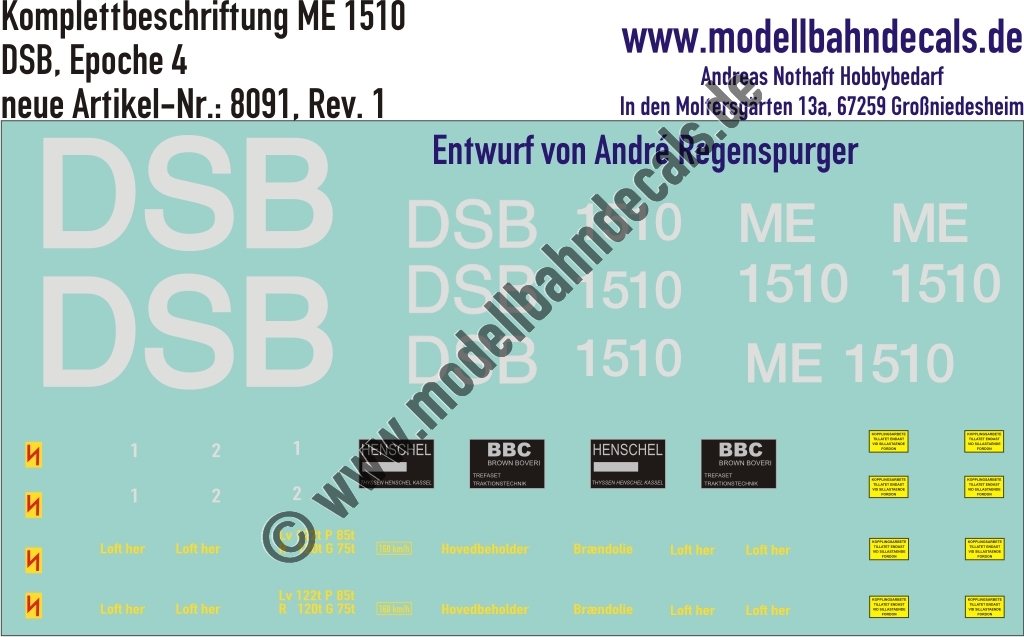 "Nass-Schiebebilder: Lok Komplettbeschriftung ME 1510, DSB, Epoche 4. Artikel-Nummer: 8091"