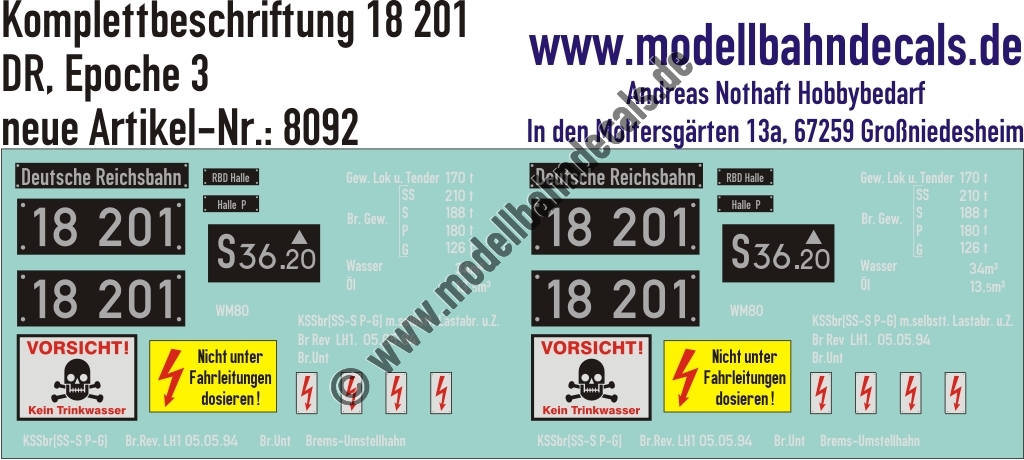 "Nass-Schiebebilder: Lok Komplettbeschriftung 18201, DR, Epoche 3. Artikel-Nummer: 8092"