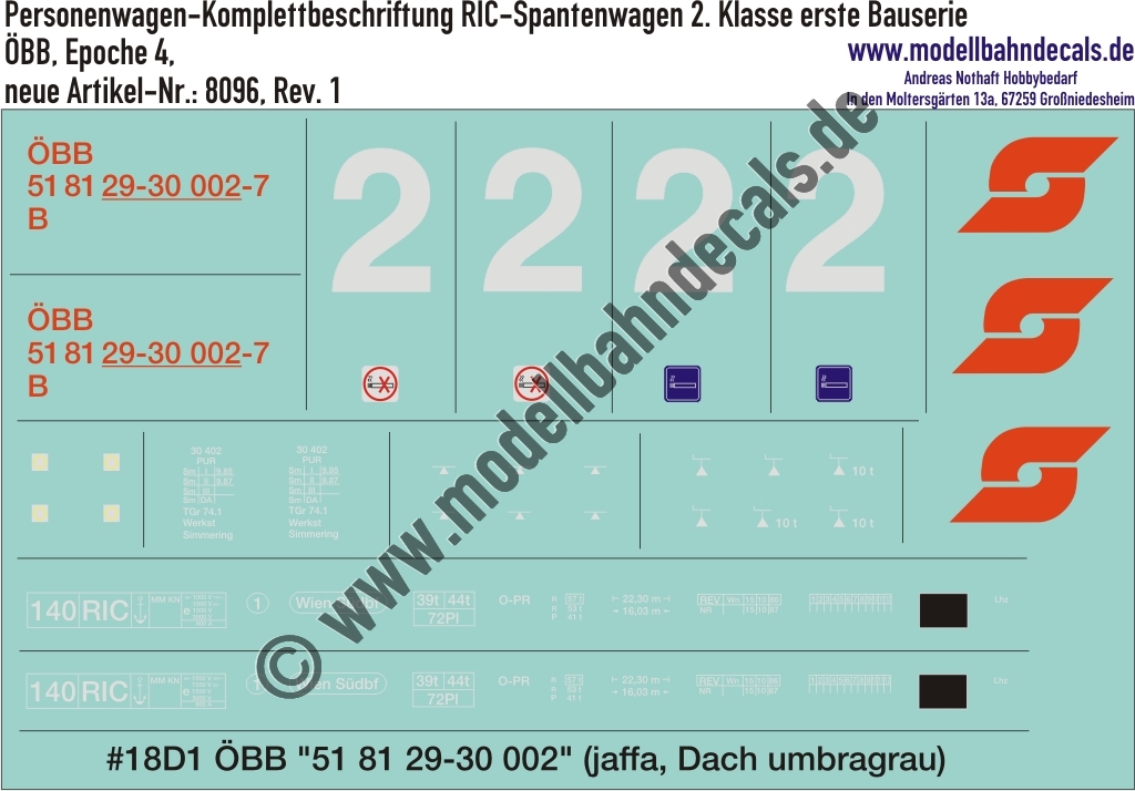 Nass-Schiebebilder: Komplettbeschriftungssatz für RIC-Spantenwagen 2. Klasse der ÖBB, erste Bauserie. Artikel-Nummer: 8096