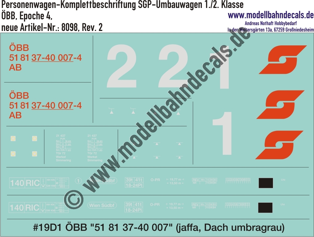 Nass-Schiebebilder: Komplettbeschriftungssatz für SGP-Umbauwagen 1./2. Klasse der ÖBB. Artikel-Nummer: 8098