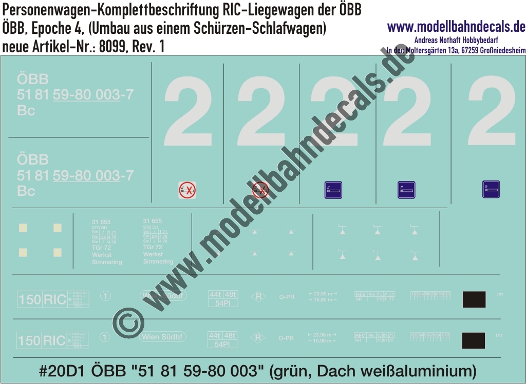 Nass-Schiebebilder: Komplettbeschriftungssatz für RIC-Spanten-Liegewagen der ÖBB. Artikel-Nummer: 8099
