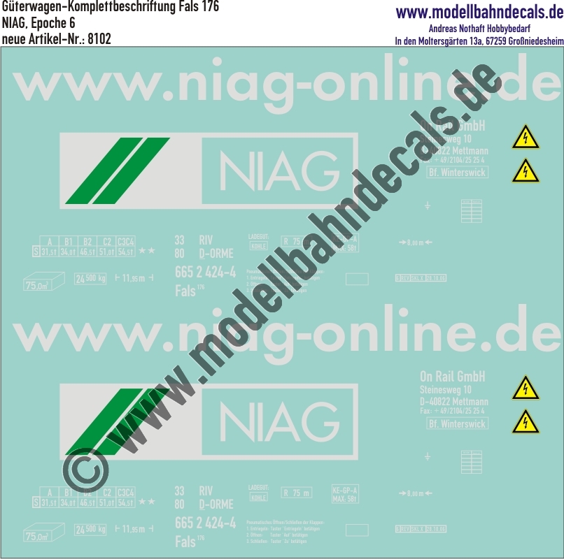"Nass-Schiebebilder: Güterwagen Komplettbeschriftungen Fals 176, NIAG, Epoche 6. Artikel-Nummer: 8102"