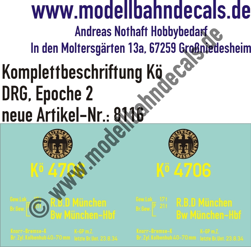 Nass-Schiebebilder: Komplettbeschriftung (gelb) für eine Kö der DRG mit goldenem Reichsbahnadler. Artikel-Nummer: 8116