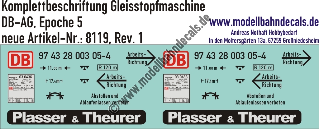 "Nass-Schiebebilder: Komplettbeschriftung für eine Plasser und Theurer Gleisstopfmaschine, DB-AG, Epoche 5. Artikel-Nummer: 8119"