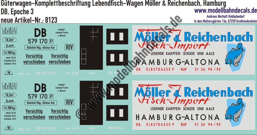 "Nass-Schiebebilder: Güterwagen-Komplettbeschriftung Lebendfisch-Wagen Möller & Reichenbach, Hamburg, DB, Epoche 3. Artikel-Nummer: 8123"