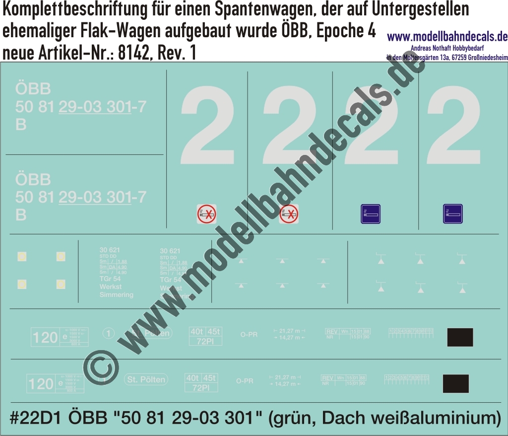 Nass-Schiebebilder: Komplettbeschriftungssatz für einen Spantenwagen, der auf Untergestellen ehemaliger Flak-Wagen aufgebaut wurde. ÖBB, Epoche 4.