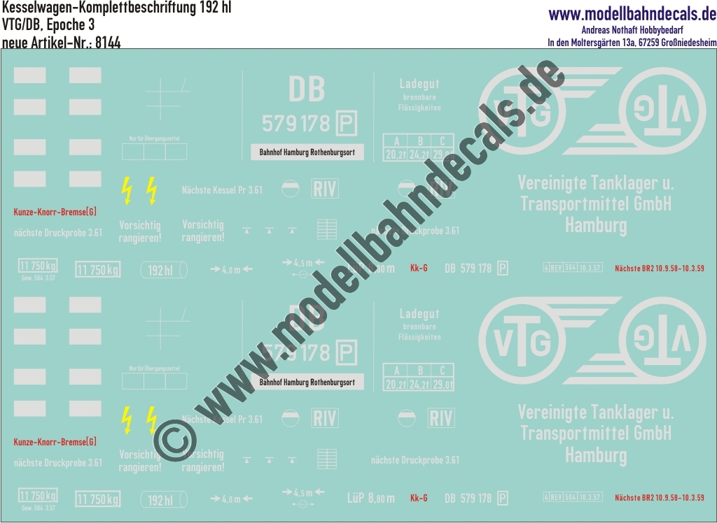"Nass-Schiebebilder: Kesselwagen-Komplettbeschriftungssatz für einen 192 hl-Wagen der VTG, eingestellt bei der DB; Epoche 3. Artikel-Nummer: 8144"