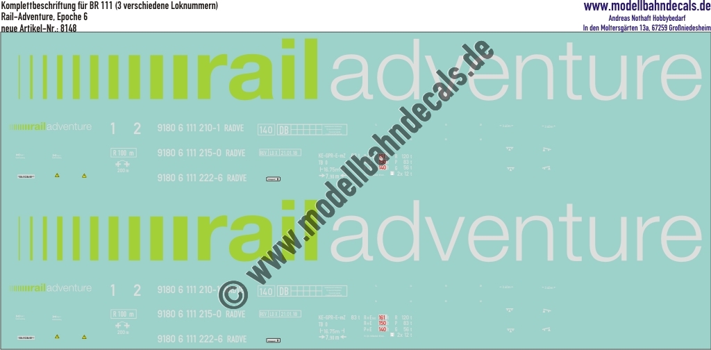"Nass-Schiebebilder: Lok Komplettbeschriftung BR 111 (3 verschiedene Loknummern), Rail-adventure, Epoche 6. Artikel-Nummer: 8148"