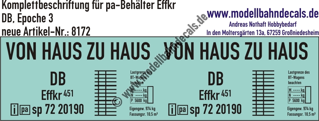 "Nass-Schiebebilder: Komplettbeschriftung für 1 pa-Behälter Effkr, DB, Epoche 3. Artikel-Nummer: 8172"