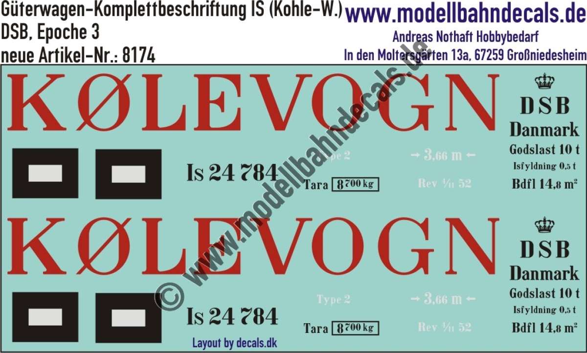 Nass-Schiebebilder: Güterwagen-Komplettbeschriftung Is (Kohlewagen) DSB, Epoche 3. Artikel-Nummer: 8174