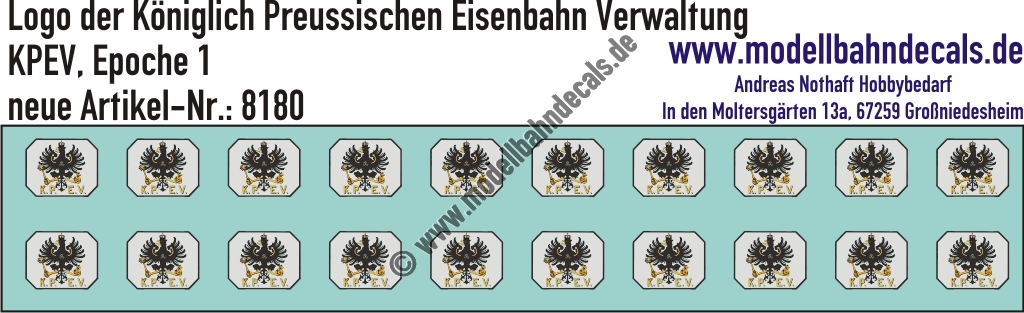 Nass-Schiebebilder: Logo der königlichen Preussischen Eisenbahn Verwaltung (KPEV, Variante 1910). Artikel-Nummer: 8180