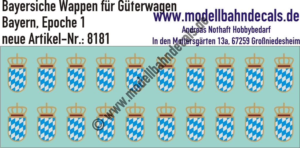 Nass-Schiebebilder: Wappen der Königlich Bayerischen Staatsbahn, Epoche 1. Artikel-Nummer: 8181