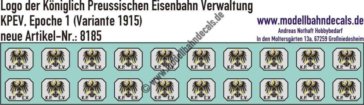 Nass-Schiebebilder: Logo der königlichen Preussischen Eisenbahn Verwaltung (KPEV, Variante 1915). Artikel-Nummer: 8185