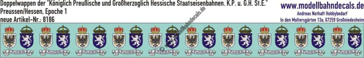 Nass-Schiebebilder: Doppelwappen der "Königlich Preußische und Großherzoglich Hessische Staatseisenbahnen. K.P. u. G.H. St.E.", Epoche 1. Artikel-Nummer: 8186