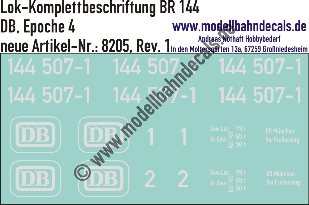 "Nass-Schiebebilder: Lok-Komplettbeschriftung BR 144, DB, Epoche 4. Artikel-Nummer: 8205"