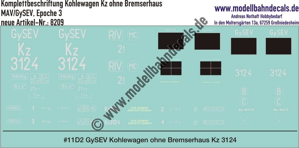 "Nass-Schiebebilder: Komplettbeschriftungssatz für Kohlewagen Kz ohne Bremserhaus der MAV/GySEV, Epoche 3. Artikel-Nummer: 8209"