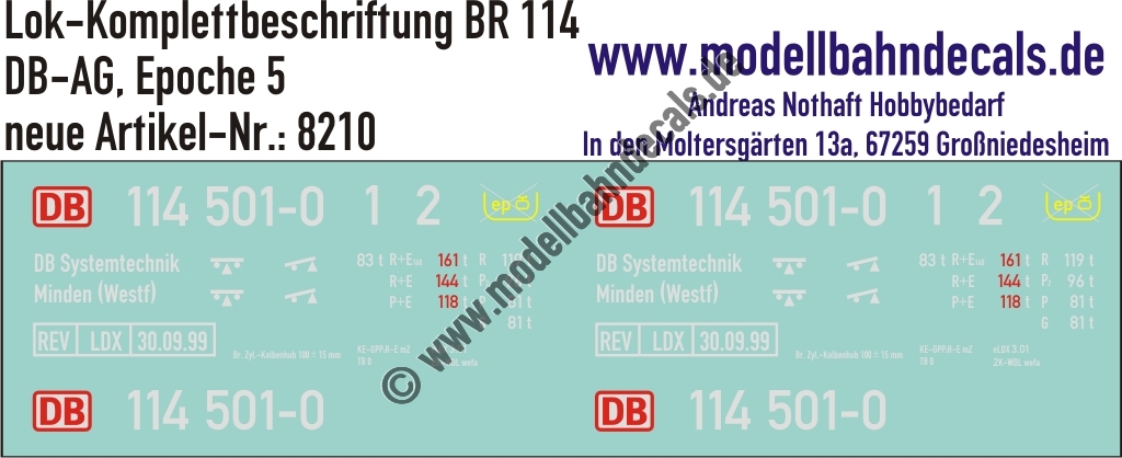 "Nass-Schiebebilder: Lok-Komplettbeschriftung BR 114, DB-AG, Epoche 5. Artikel-Nummer: 8210"