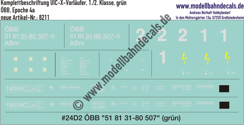 "Nass-Schiebebilder: Komplettbeschriftungssatz für UIC-X-Vorläufer, 1./2. Klasse, grün, ÖBB, Epoche 4a. Artikel-Nummer: 8211"