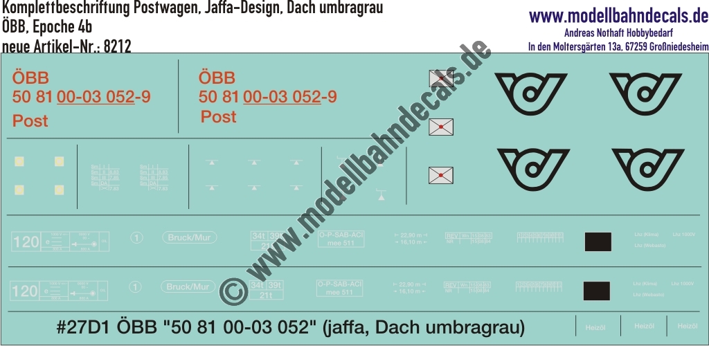 "Nass-Schiebebilder: Komplettbeschriftungssatz für Postwagen im Jaffa-Design mit umbragrauem Dach, ÖBB, Epoche 4b. Artikel-Nummer: 8212"