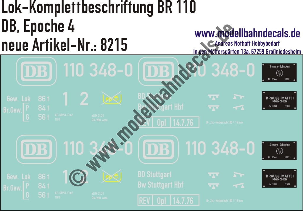 "Nass-Schiebebilder: Lok-Komplettbeschriftung BR 110, DB, Epoche 4. Artikel-Nummer: 8215"